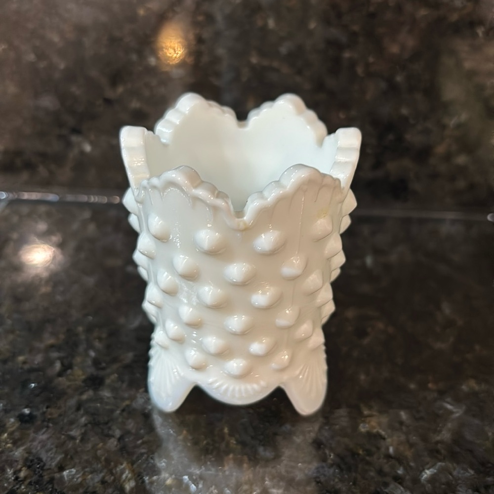 Fenton vintage hobnail milk glass footed little vase